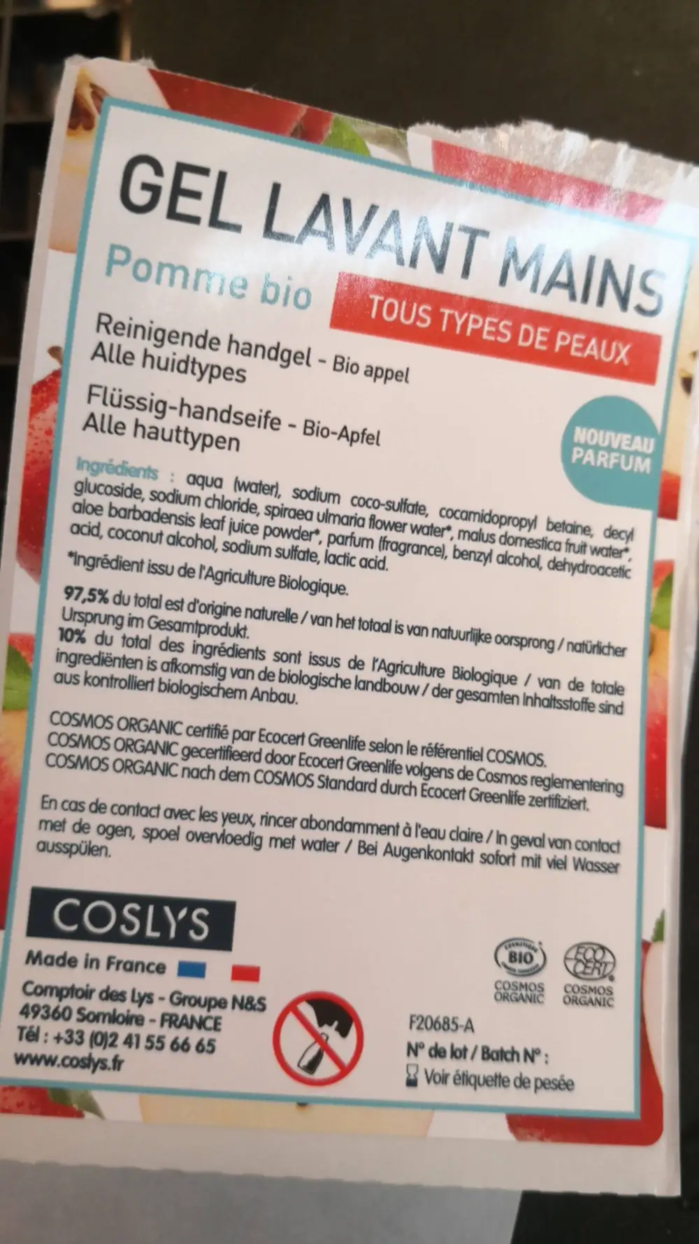 COSLYS - Gel lavant mains pomme bio