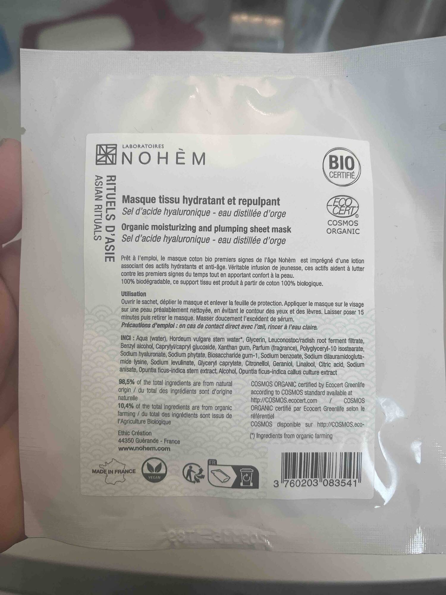 NOHÈM - Rituels d'Asie - Masque tissu hydratant et repulpant