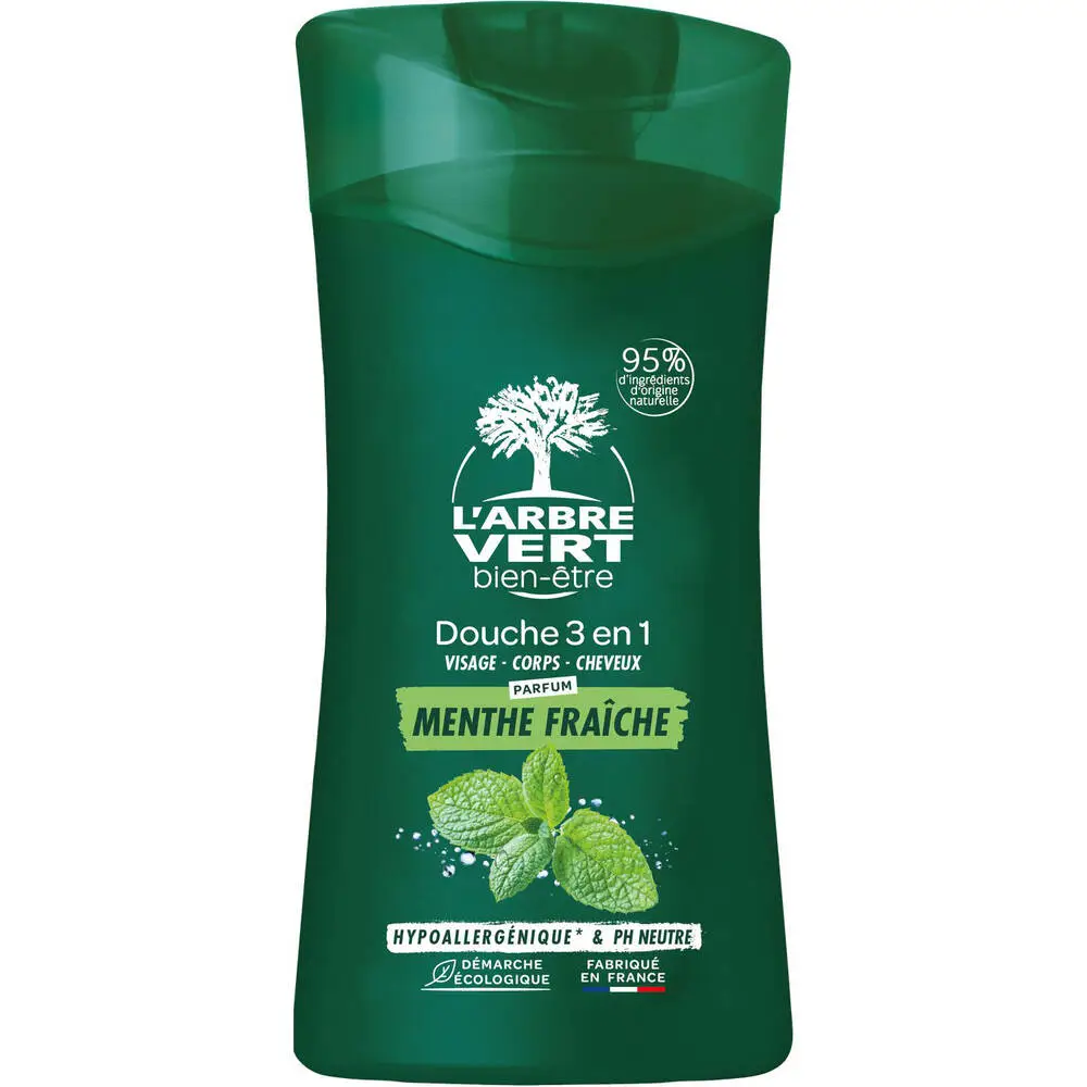 L'ARBRE VERT BIEN-ÊTRE - L'Arbre Vert Bien-être Douche Homme 3 en1 Visage Corps Cheveux Parfum Menthe fraîche - Hypoallergénique - 95% d'ingrédients d'origine naturelle - 250mL