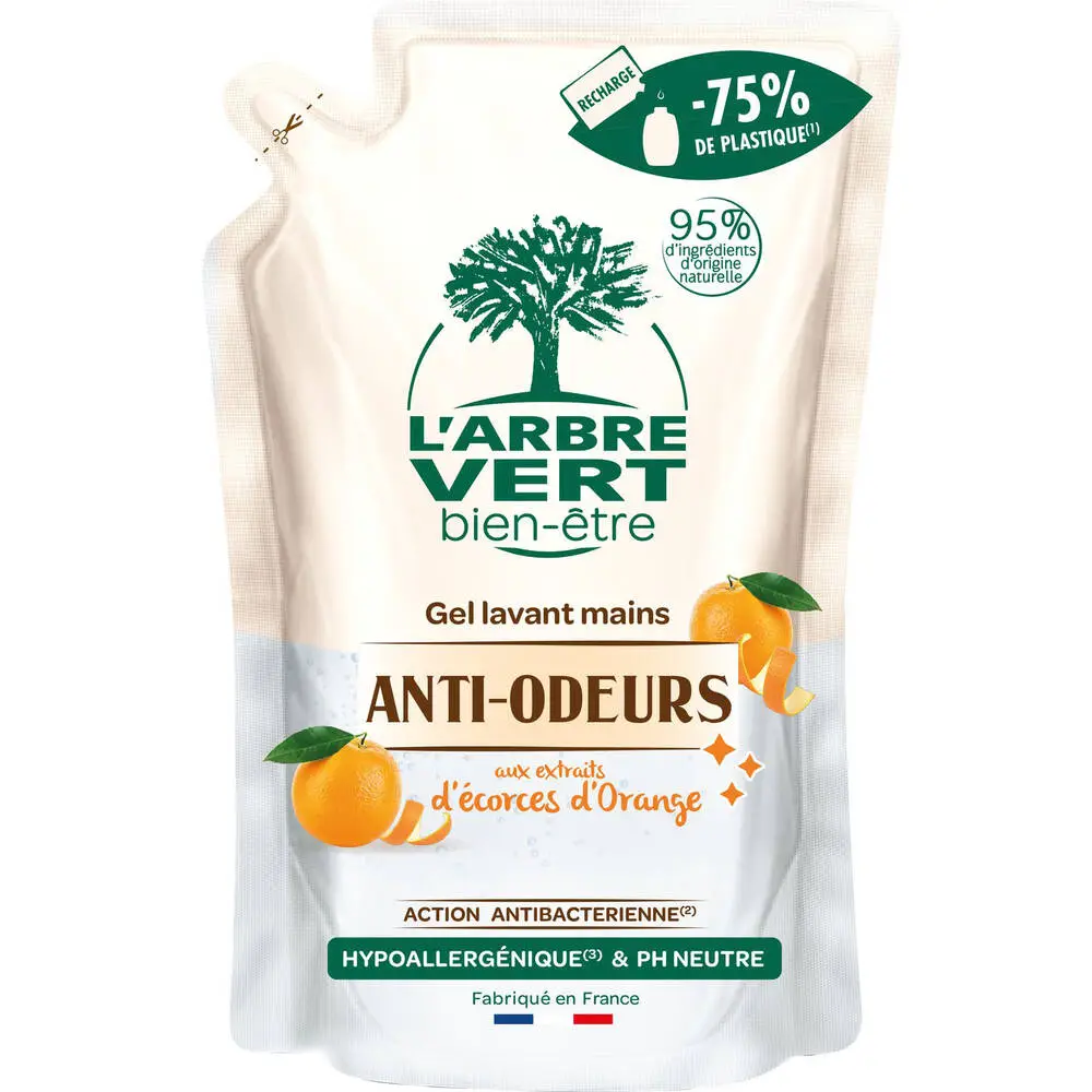 L'ARBRE VERT BIEN-ÊTRE - L'Arbre Vert Bien-être Recharge Gel Lavant Mains Anti-Odeurs aux extraits d'écorces d'Orange   - Hypoallergénique - 95% d'ingrédients d'origine naturelle - 300mL