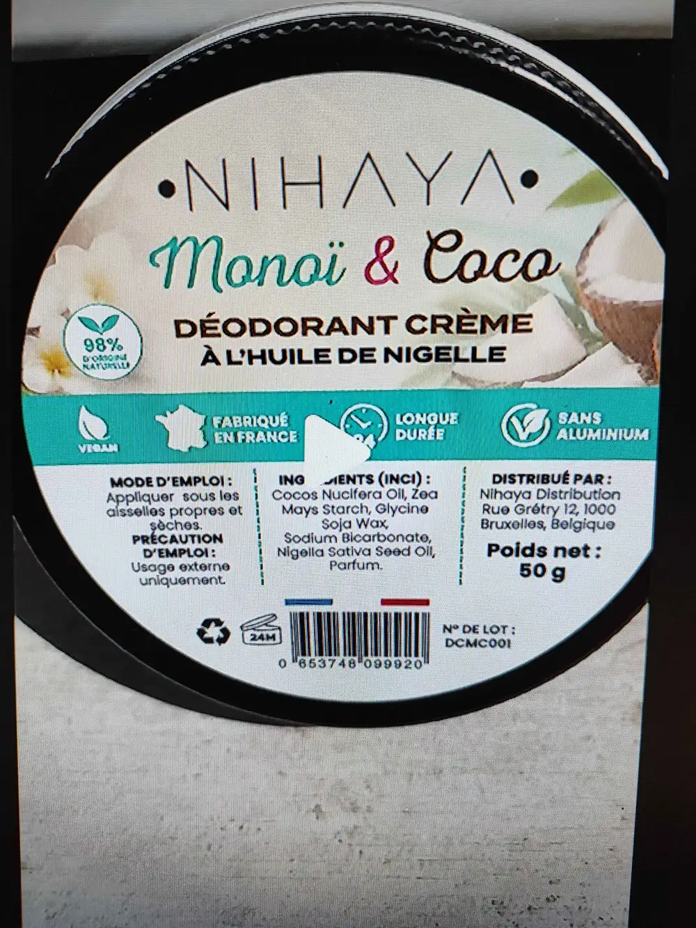 NIHAYA - Monoï & coco - Déodorant crème à l'huile de nigelle