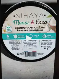 NIHAYA - Monoï & coco - Déodorant crème à l'huile de nigelle
