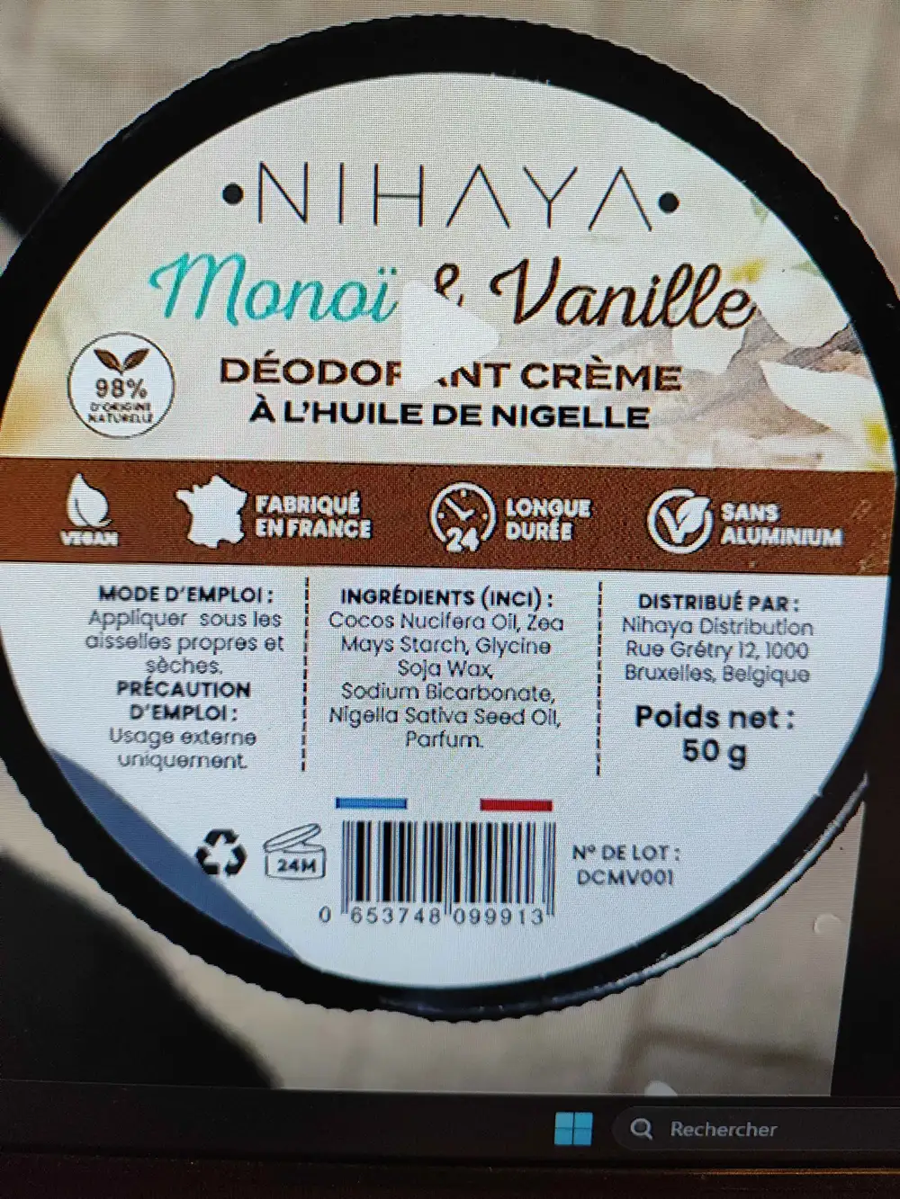 NIHAYA - Monoï & vanille - Déodorant crème à l'huile de nigelle