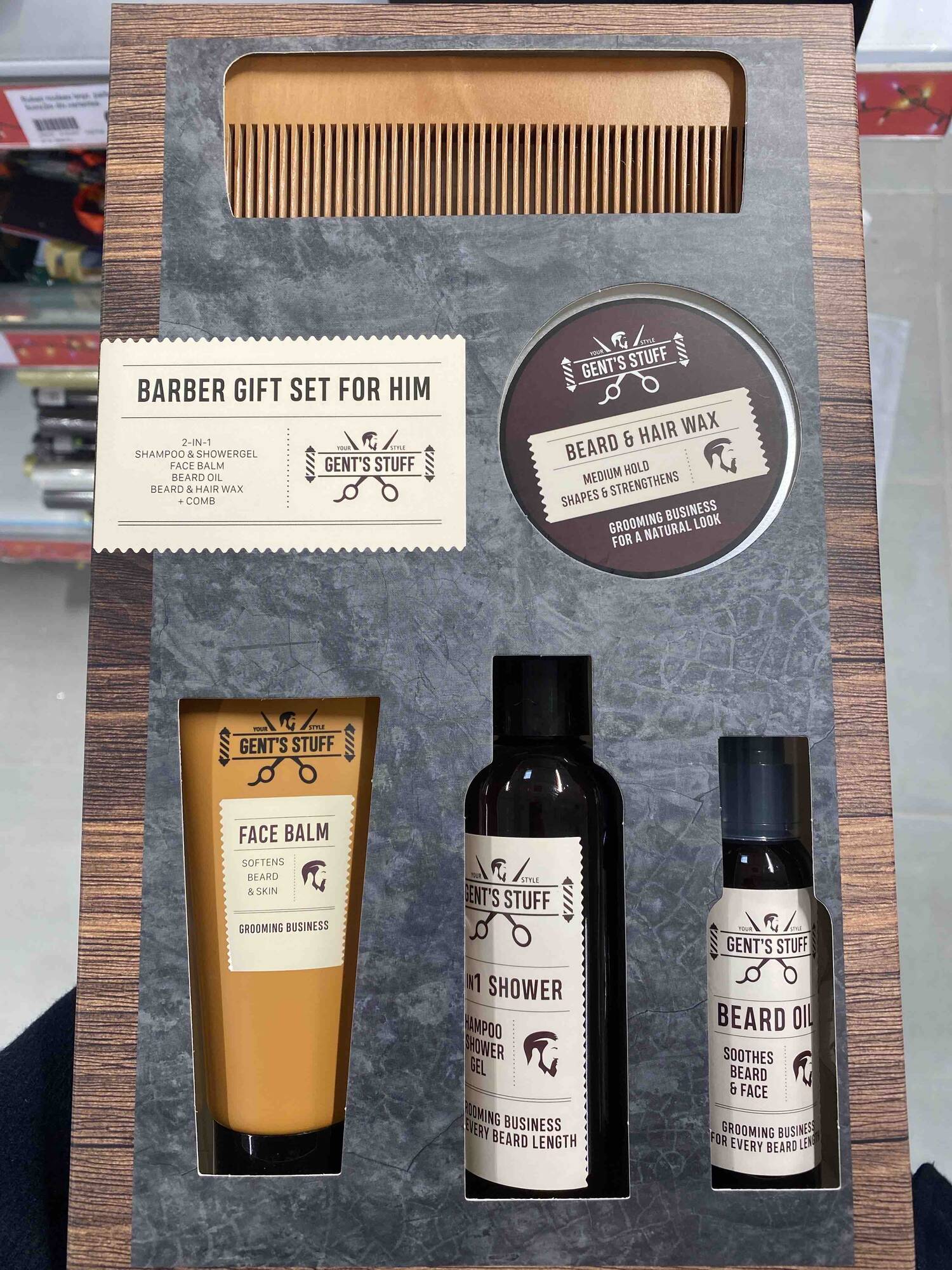 GENT'STUFF - Barber gift set for him - face balm sampoo & shower beard oil beard and hair wax wooden comb