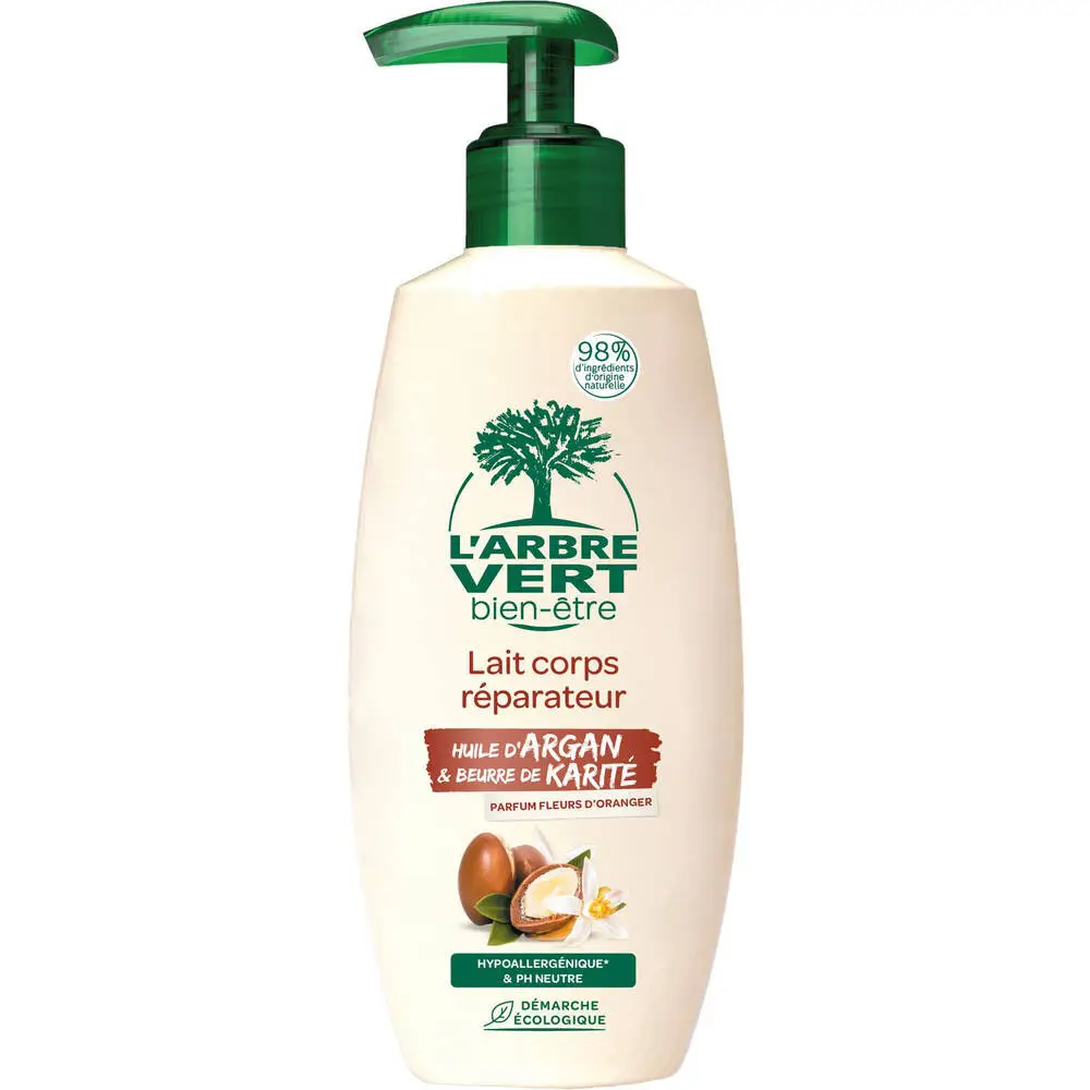 L'ARBRE VERT BIEN-ÊTRE - L'Arbre Vert Bien-être Lait corps réparateur à l'huile d'Argan et Beurre de Karité parfum Fleur d'oranger - Hypoallergénique & pH Neutre - 98% d'ingrédients d'origine naturelle - 250mL