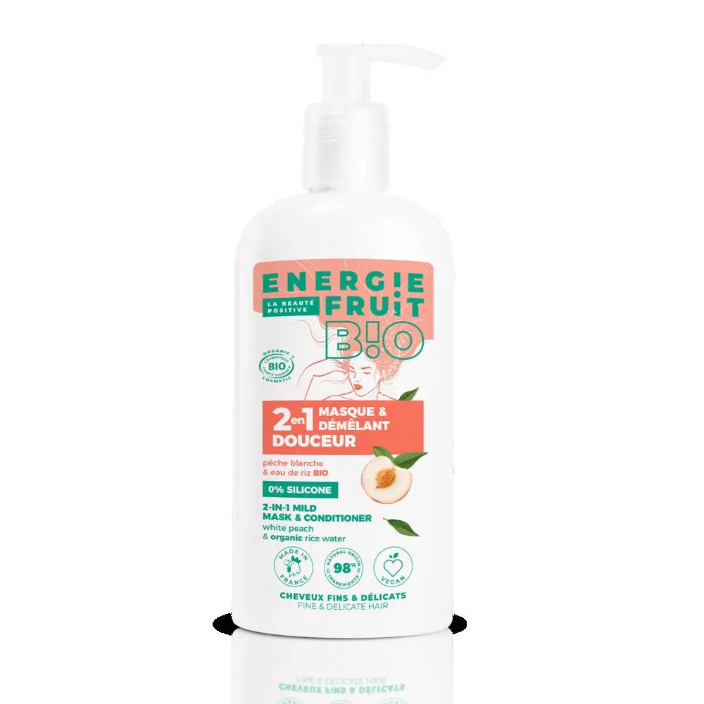 ENERGIE FRUIT - MASQUE 2-EN-1 DOUCEUR CERTIFIE BIO PAR ECOCERT - PECHE BLANCHE & EAU DE RIZ BIO - CHEVEUX FINS ET DELICATS