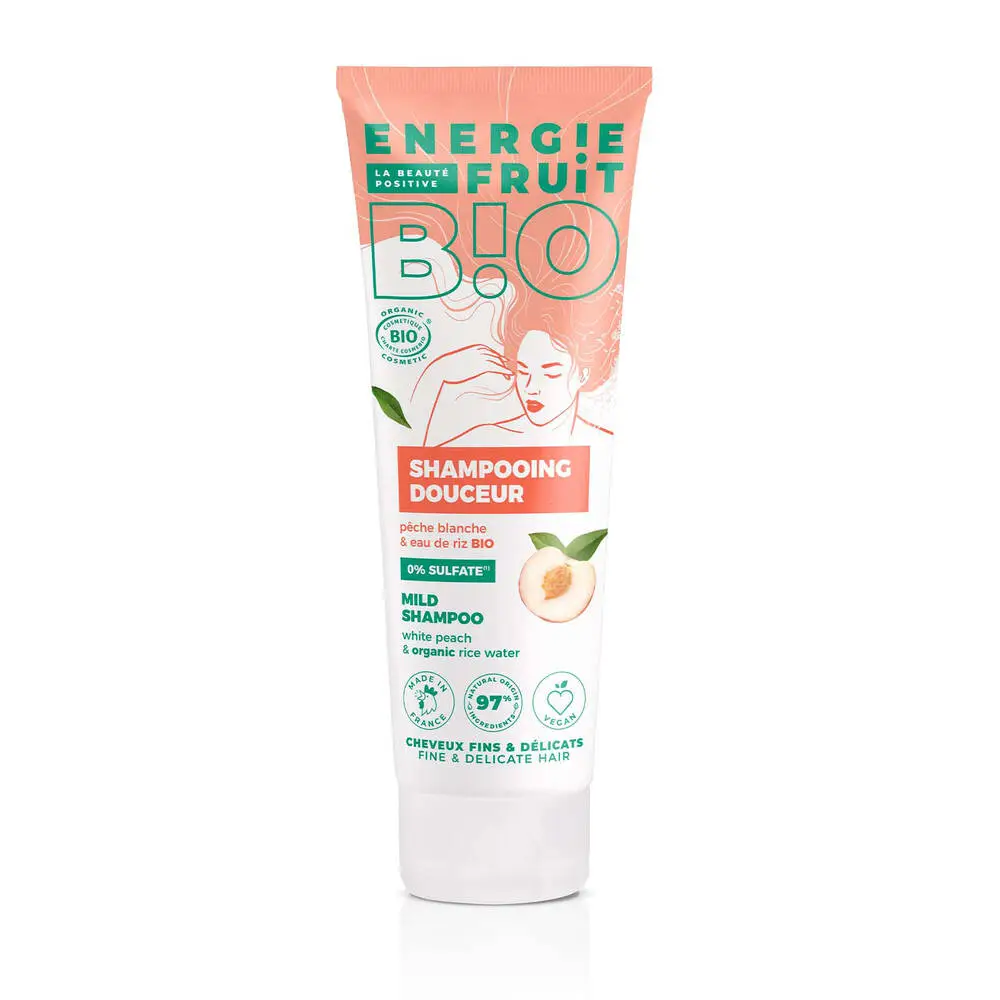 ENERGIE FRUIT - SHAMPOING DOUCEUR CERTIFIE BIO PAR ECOCERT - PECHE BLANCHE & EAU DE RIZ - CHEVEUX FINS & DELICATS