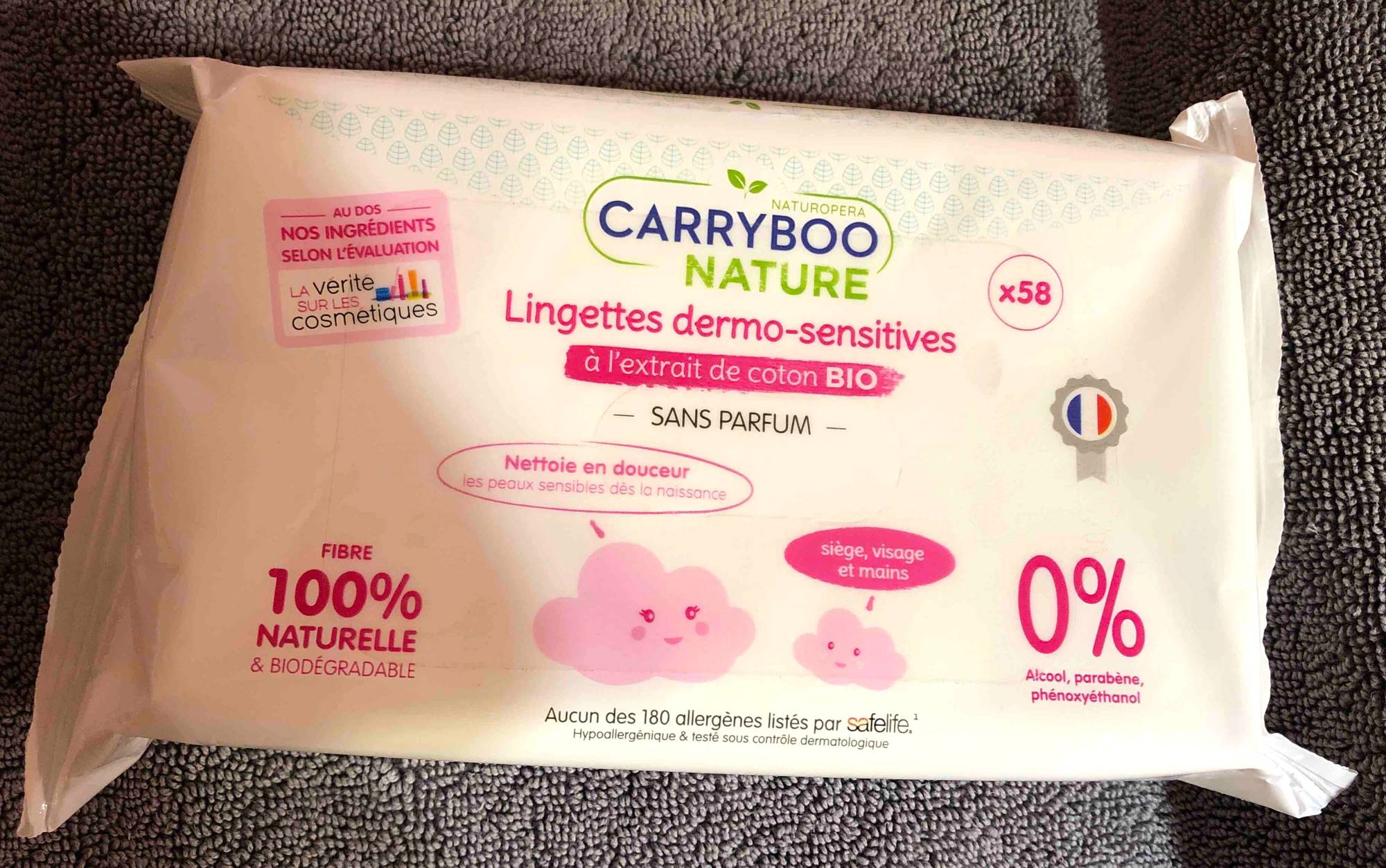 CARRYBOO NATURE - Lingettes dermo-sensitives à l'extrait de coton bio