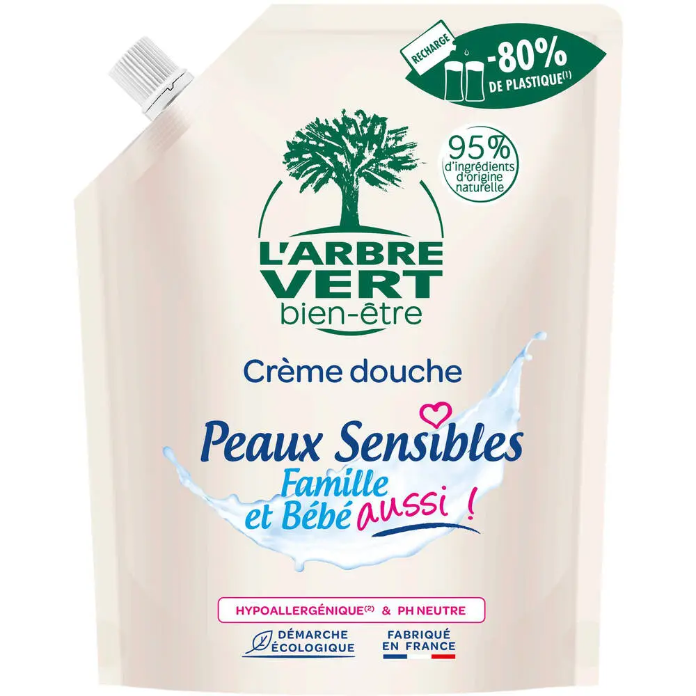 L'ARBRE VERT BIEN-ÊTRE - L'Arbre Vert Bien-être Recharge Crème douche Peaux sensibles Famille et Bébé aussi! - Hypoallergénique  95% d'ingrédients d'origine naturelle  500mL