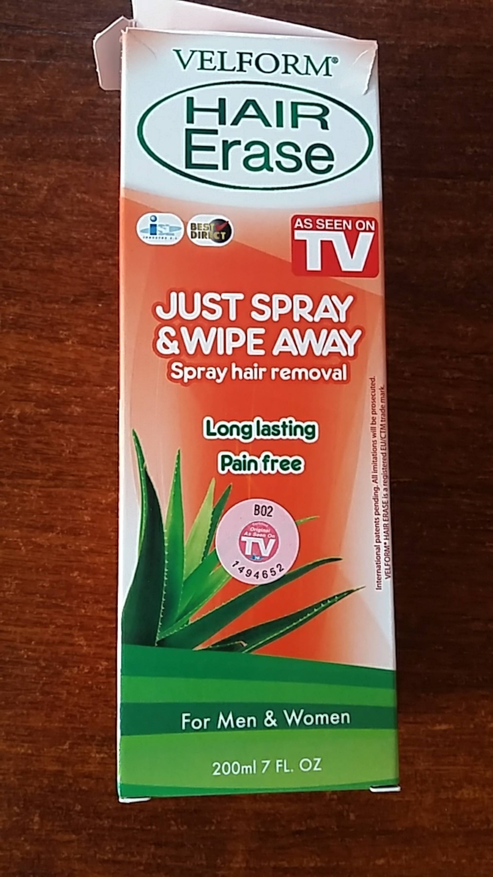 VELFORM - Hair erase - Just spray & wipe away for men and women