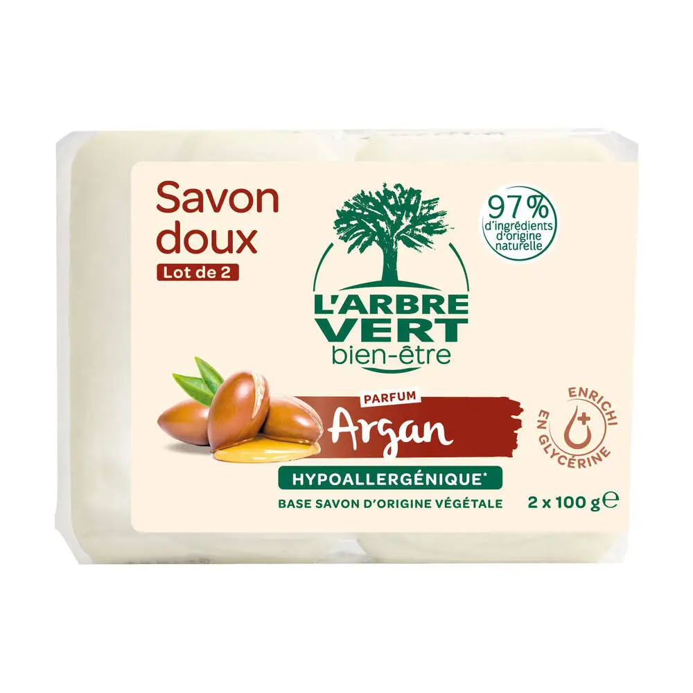 L'ARBRE VERT BIEN-ÊTRE - L'Arbre Vert Bien-être Savon doux parfum Argan enrichi en glycérine - Hypoallergénique - 97% d'ingrédients d'origine naturelle - lot de 2x100g