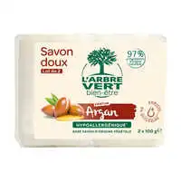 L'ARBRE VERT BIEN-ÊTRE - L'Arbre Vert Bien-être Savon doux parfum Argan enrichi en glycérine - Hypoallergénique - 97% d'ingrédients d'origine naturelle - lot de 2x100g