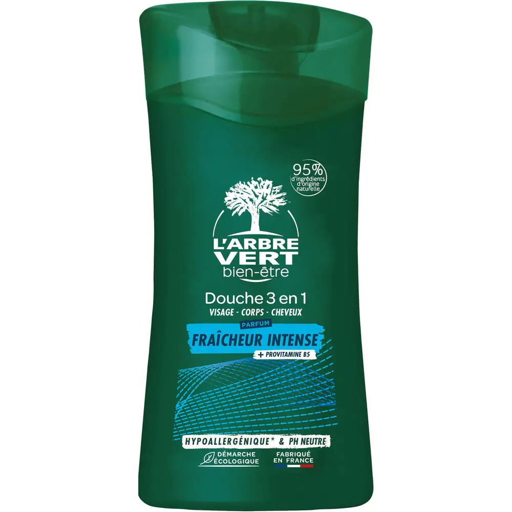 L'ARBRE VERT BIEN-ÊTRE - L'Arbre Vert Bien-être Douche Homme 3 en1 Visage Corps Cheveux Parfum Fraicheur Intense + Provitamine B5 - Hypoallergénique et pH Neutre - 95% d'ingrédients d'origine naturelle - 250mL