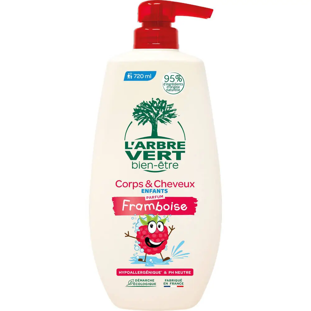 L'ARBRE VERT BIEN-ÊTRE - L'Arbre Vert Bien-être Corps & cheveux Enfants Parfum Framboise - Hypoallergénique et pH Neutre - 95% d'ingrédients d'origine naturelle - 720 mL