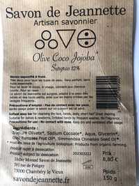 SAVON DE JEANNETTE - Savon saponifié à froid olive coco jojoba